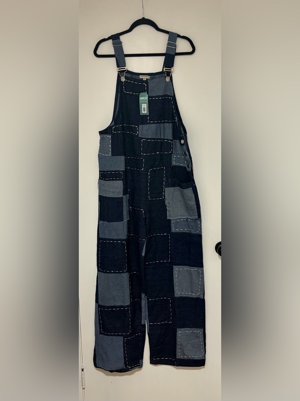 Earthbound Mix Denim Patch Oversized Wide Leg Overalls Size Medium NWT